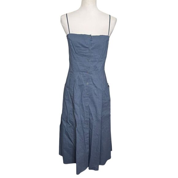 Theory Kayleigh Crunch Linen Blend Midi Dress Blue Button Front Women’s Size 6 - Picture 2 of 12